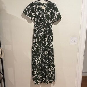 Anthropologie Dark Green and White Swirl Maxi Dress